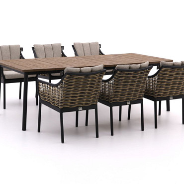 Milou diningset - Tafel zwart alu frame met teak blad en stoelen (6x) - Showroommodel OP=OP