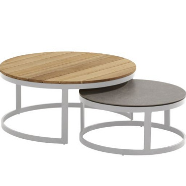 Stonic set of 2 coffee tables 80cm and 60cm with teak/ceramic  White