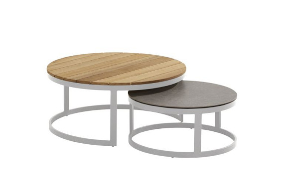 Stonic set of 2 coffee tables 80cm and 60cm with teak/ceramic  White