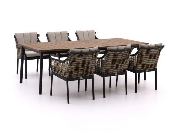 Milou diningset - Tafel zwart alu frame met teak blad en stoelen (6x) - Showroommodel OP=OP